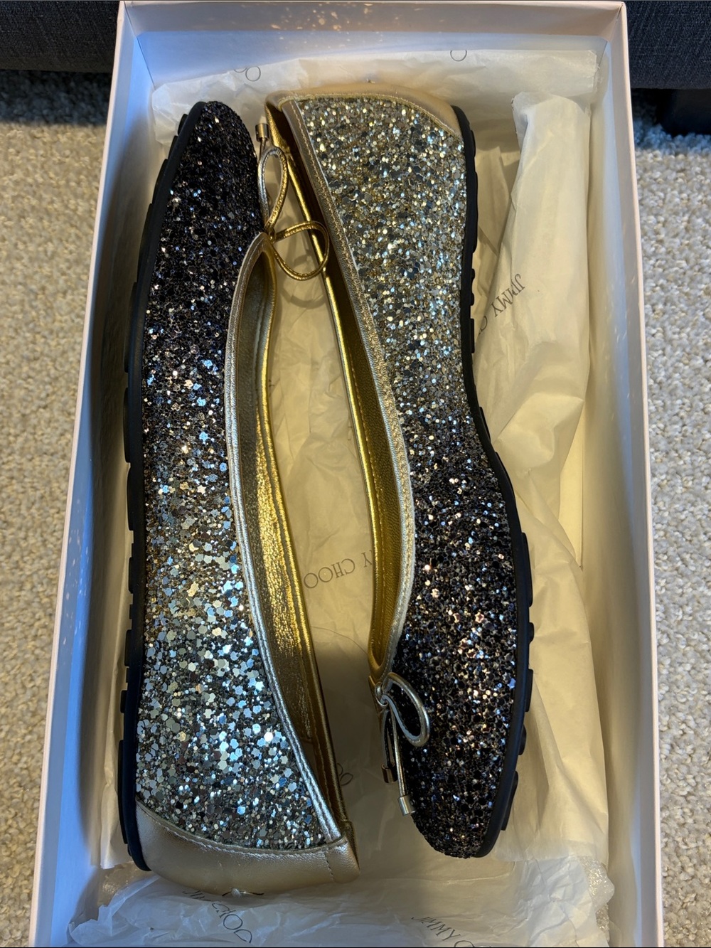 Jimmy Choo Walsh Black and Gold Glitter Ballet Flats - Picture 6 of 7